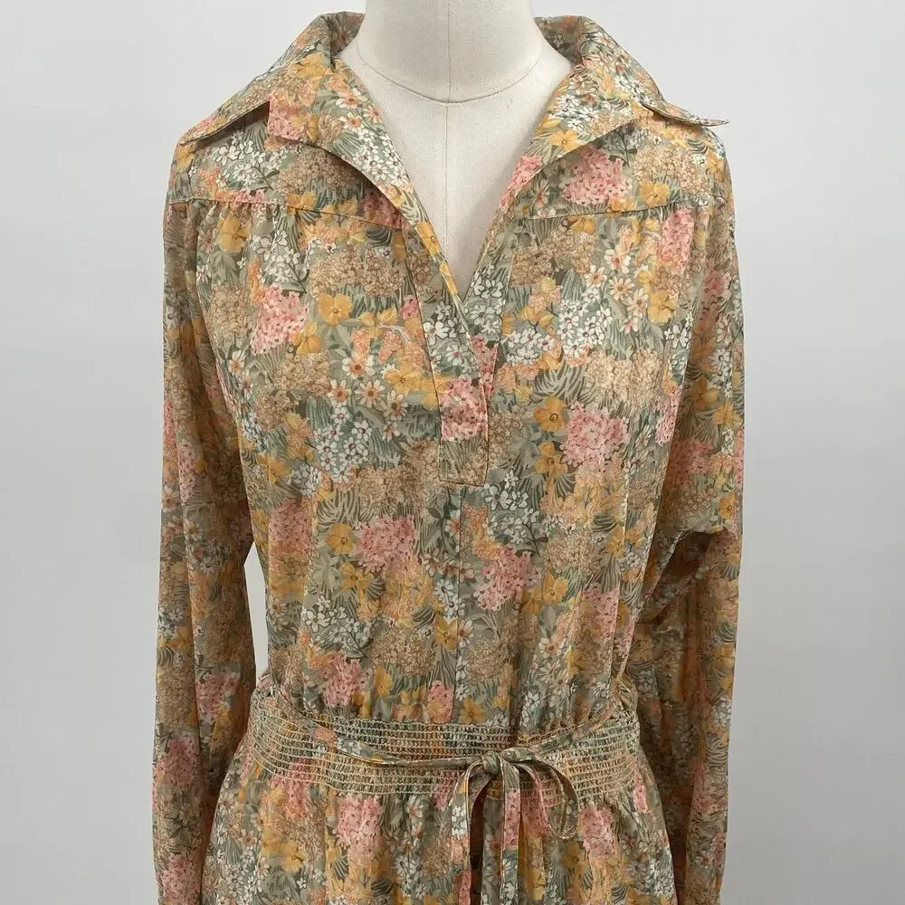 Vintage 70s Floral Print Shirtdress Long Sleeve Tie Waist Blouson Midi Dress M - Picture 3 of 11